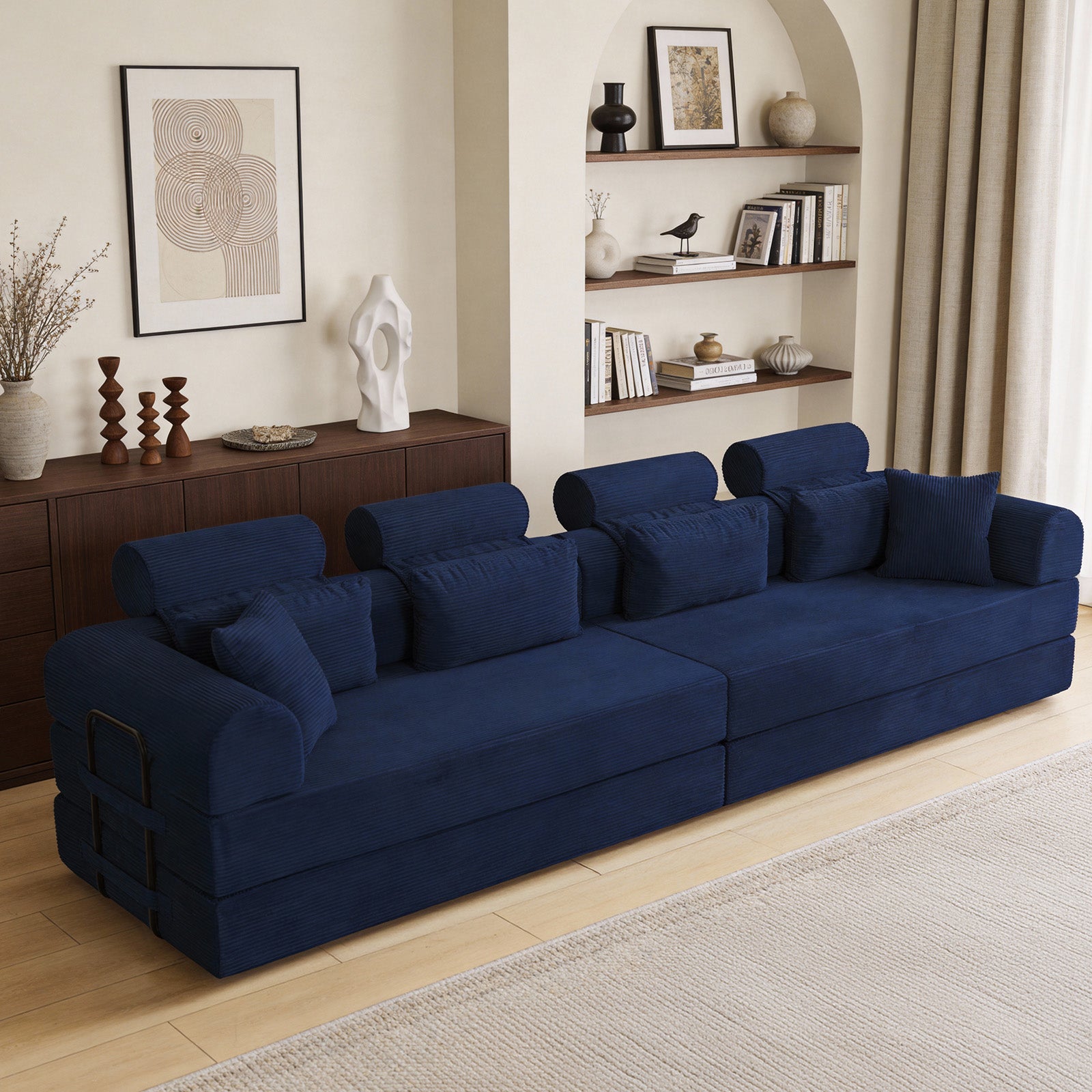 L shape Modular Sectional Sofa, Compressed Sectional Sofa Modern Minimalist Style Corduroy Couch,Unfold into a bed, Bedroom, Comfy Compressed Sofa Couch Space-Efficient Design(Blue)