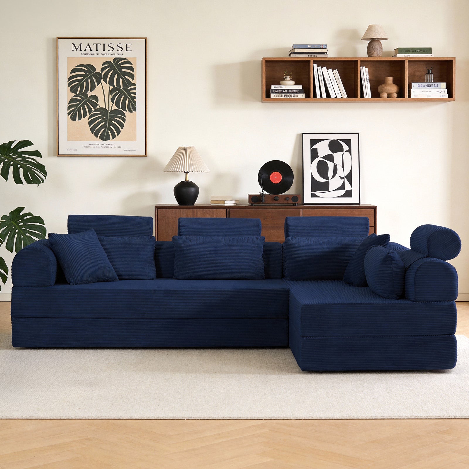 L shape Modular Sectional Sofa, Compressed Sectional Sofa Modern Minimalist Style Corduroy Couch,Unfold into a bed, Bedroom, Comfy Compressed Sofa Couch Space-Efficient Design(Blue)