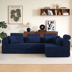 L shape Modular Sectional Sofa, Compressed Sectional Sofa Modern Minimalist Style Corduroy Couch,Unfold into a bed, Bedroom, Comfy Compressed Sofa Couch Space-Efficient Design(Blue)