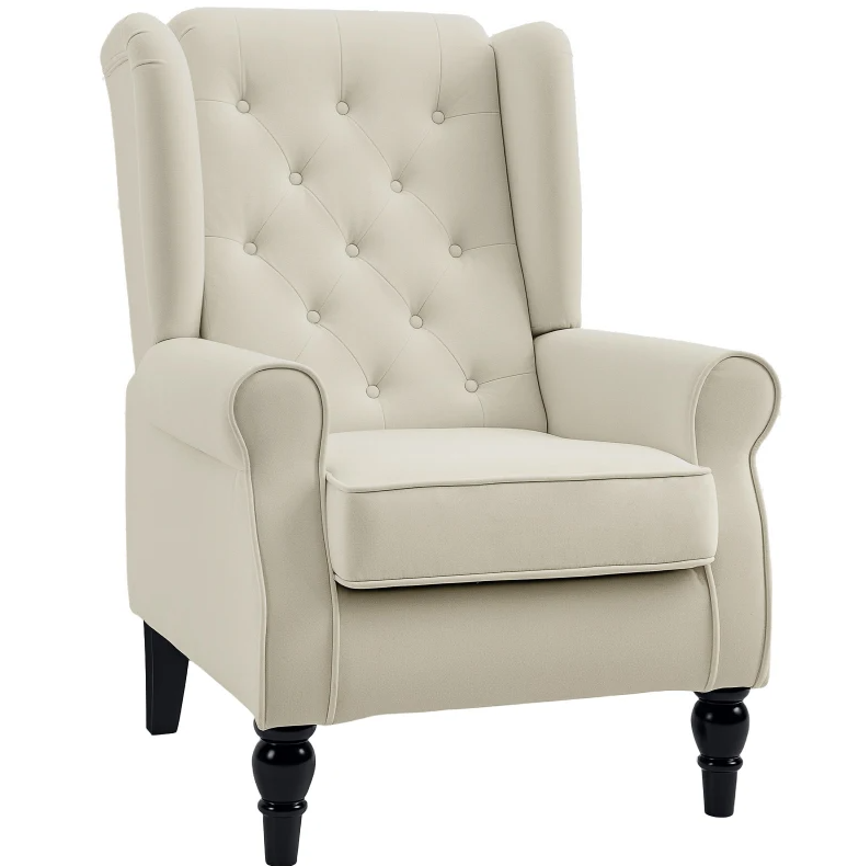 Nordic style Chair,  Button-Tufted Upholstered Fabric Armchair with Retro Wood Legs, Cream White