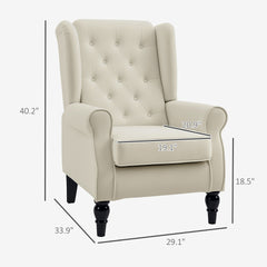 Nordic style Chair,  Button-Tufted Upholstered Fabric Armchair with Retro Wood Legs, Cream White