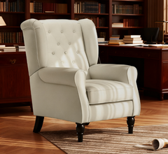 Nordic style Chair,  Button-Tufted Upholstered Fabric Armchair with Retro Wood Legs, Cream White