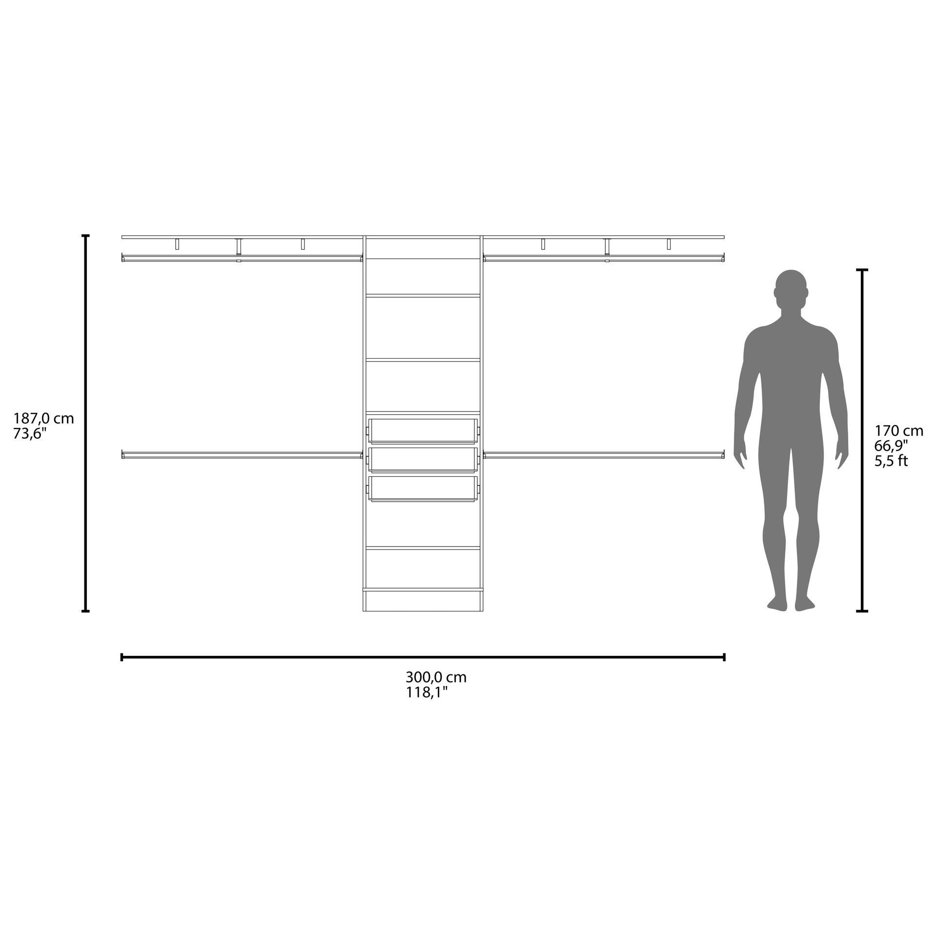 Plego 69"W - 118"W Drawers Closet System, Five Shelves, Four Hanging Rods, Three Drawers White