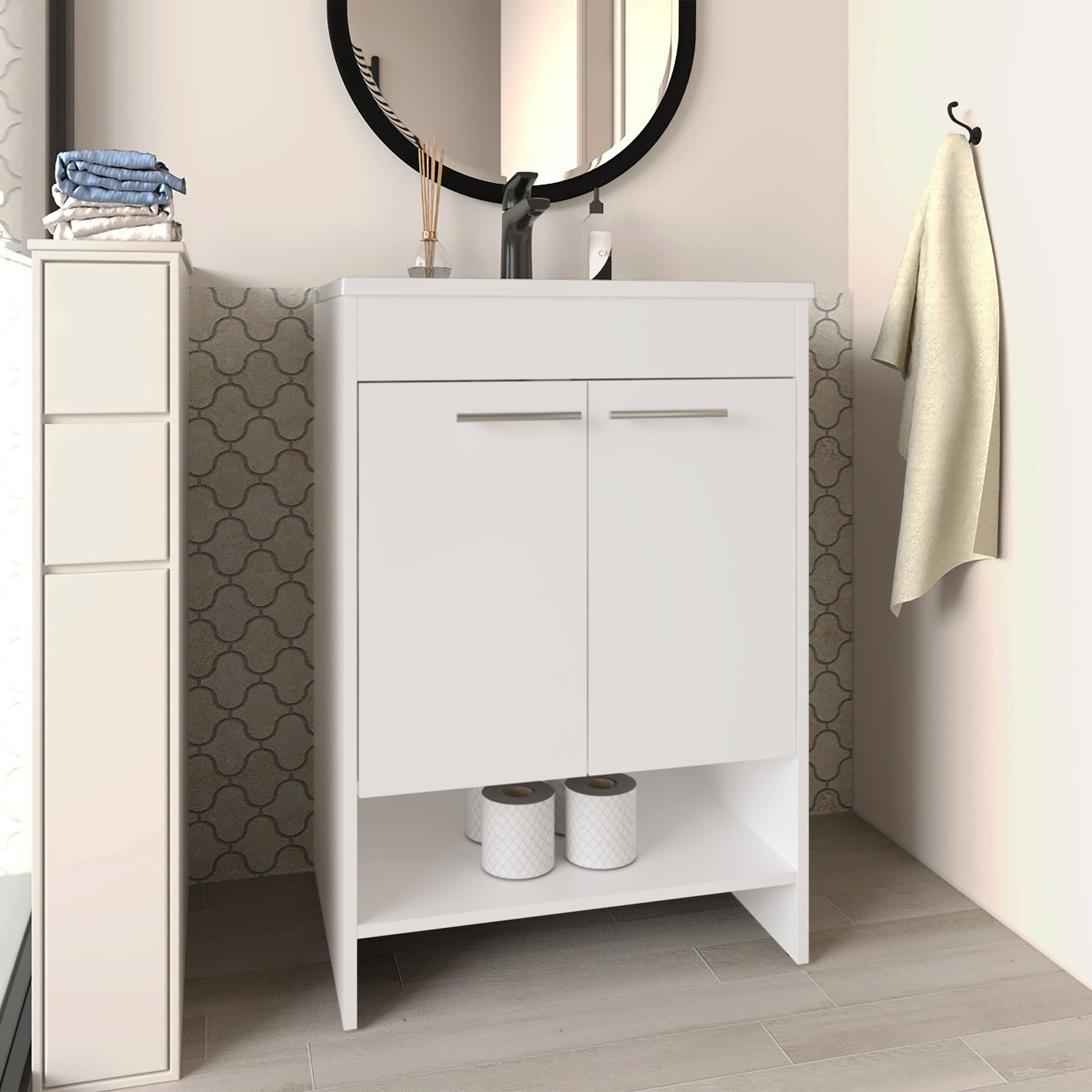 Lorenzo Floor Vanity With Four Drawers And Two Open Shelves, White