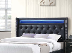 Modern Style Queen Size Bed LED Lights Button Tufted Metal Legs Black Finish Bedroom Furniture
