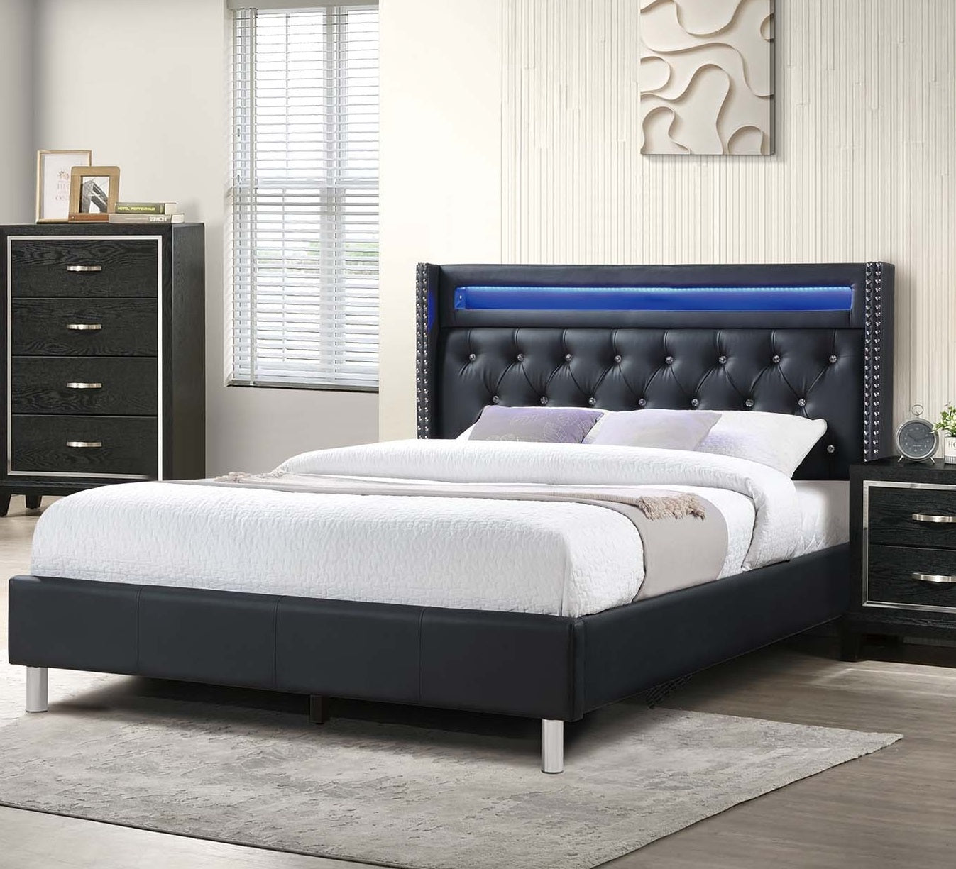 Modern Style Queen Size Bed LED Lights Button Tufted Metal Legs Black Finish Bedroom Furniture