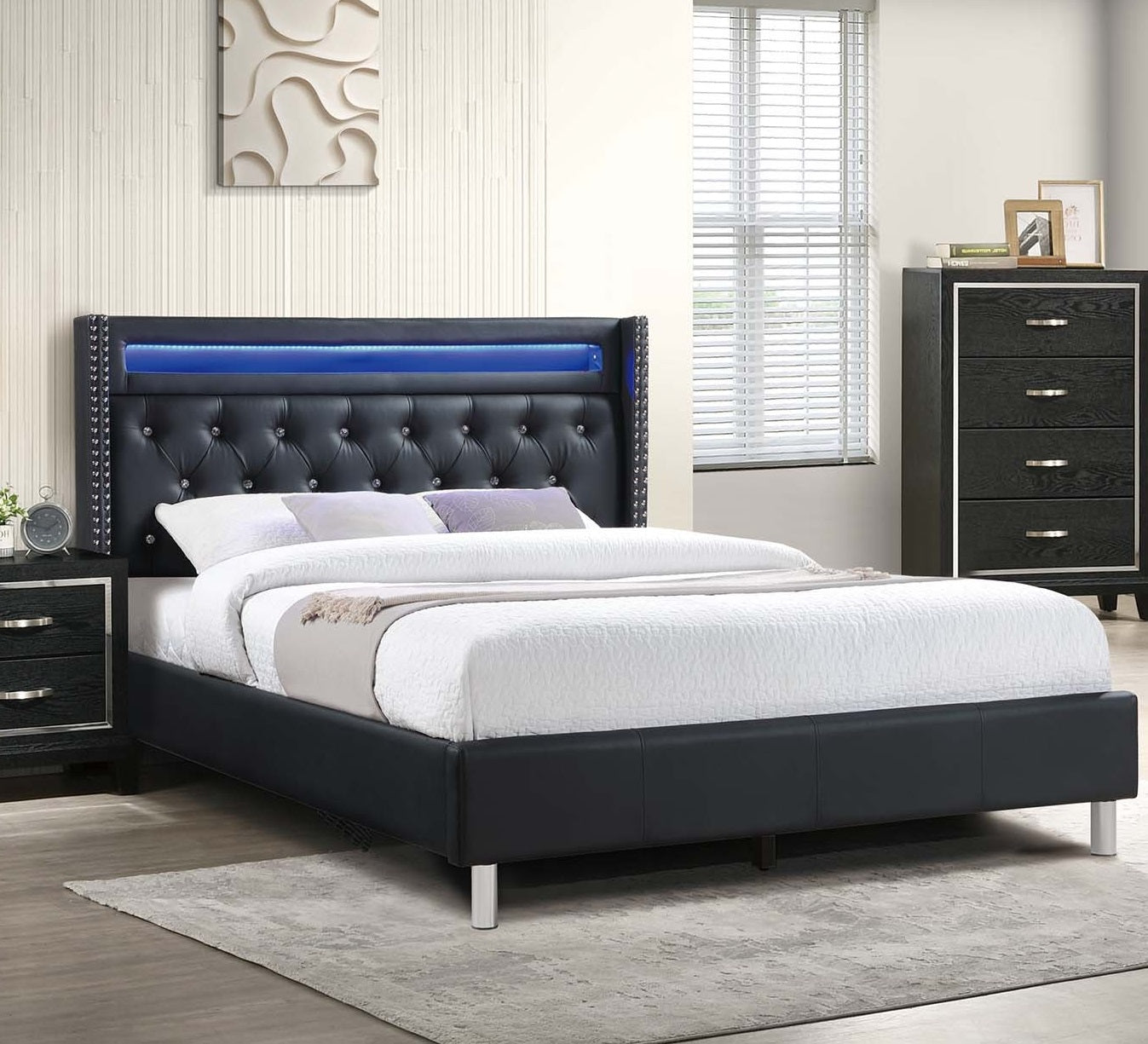 Modern Style Queen Size Bed LED Lights Button Tufted Metal Legs Black Finish Bedroom Furniture