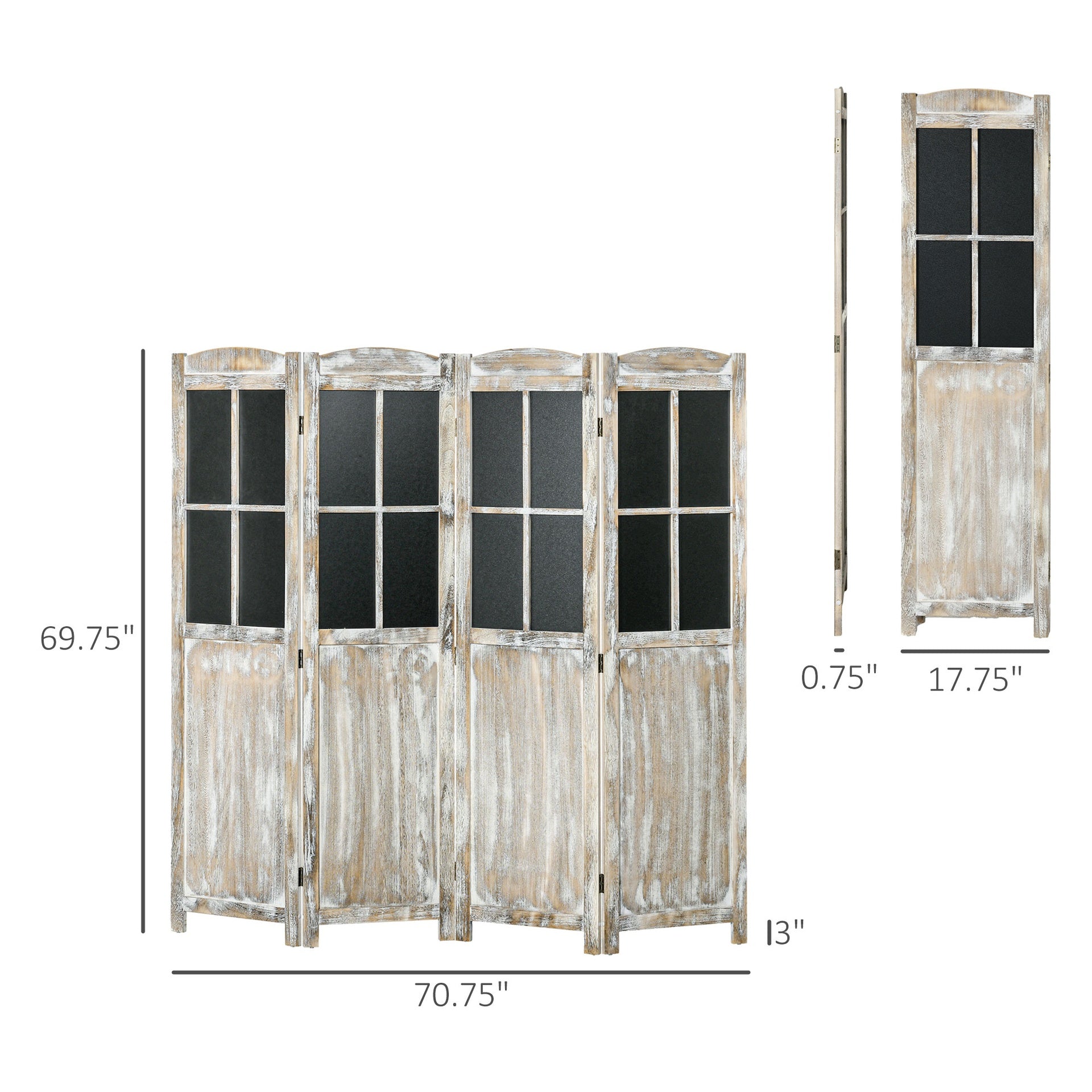 HOMCOM 4 Panel Room Divider, 5.6' Tall Farmhouse Style Folding Indoor Portable Wood Privacy Screen with Black Boards, Hinged Freestanding Partition Wall Dividers for Home Office, Natural
