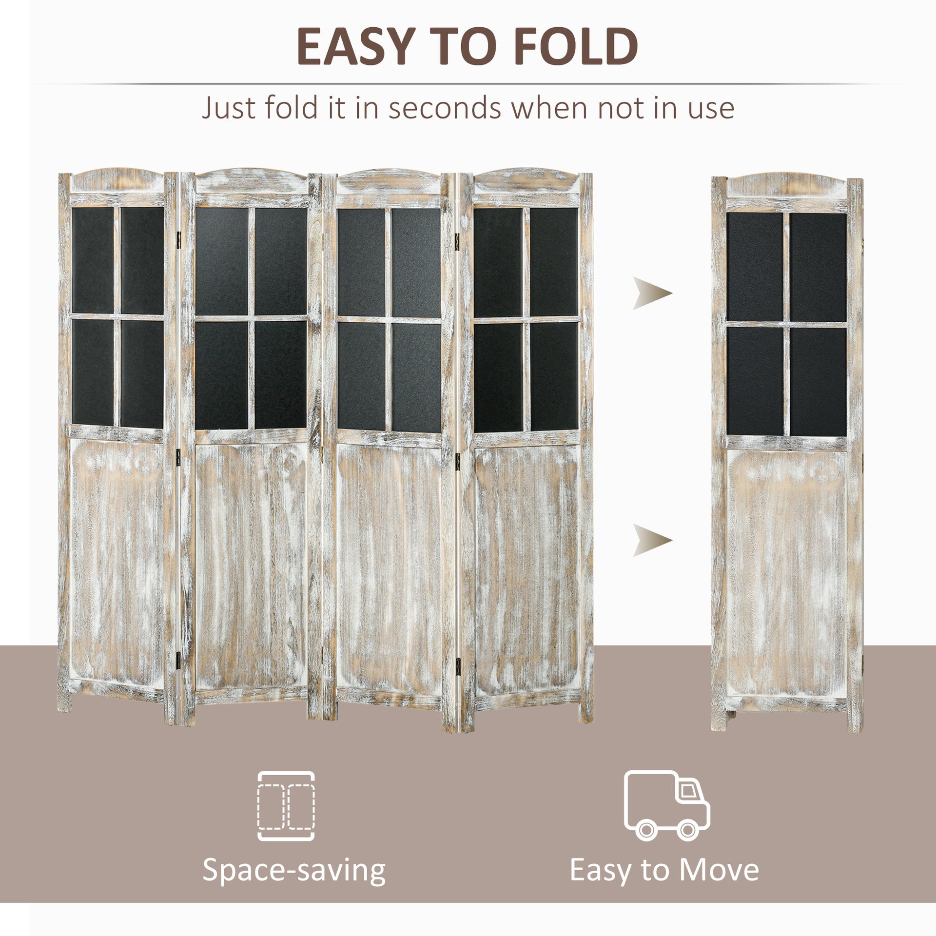 HOMCOM 4 Panel Room Divider, 5.6' Tall Farmhouse Style Folding Indoor Portable Wood Privacy Screen with Black Boards, Hinged Freestanding Partition Wall Dividers for Home Office, Natural