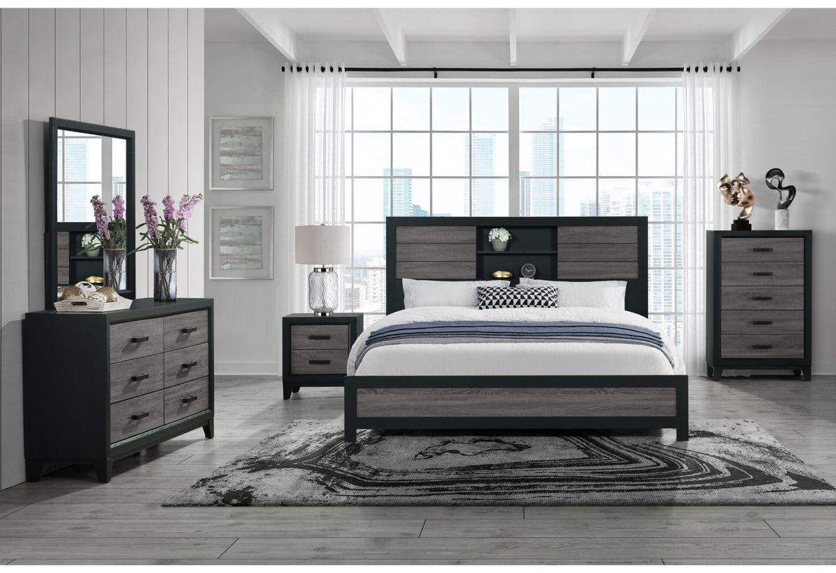 SOLUTO GREY AND BLACK BOOKCASE QUEEN BED