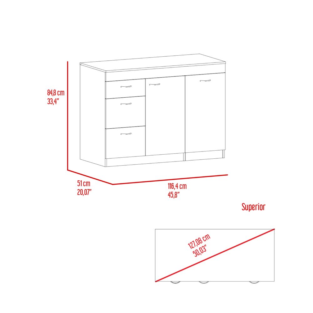 Grecia Kitchen Base Cabinet,Three Drawers, Two Internal Shelves -White / Dark Walnut