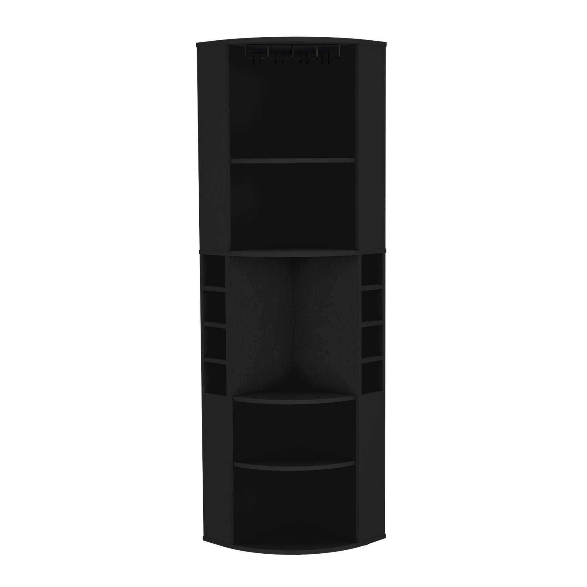 Oban Corner Bar Cabinet with Five Shelves , Eight Bottle Cubbies and Steamware Black