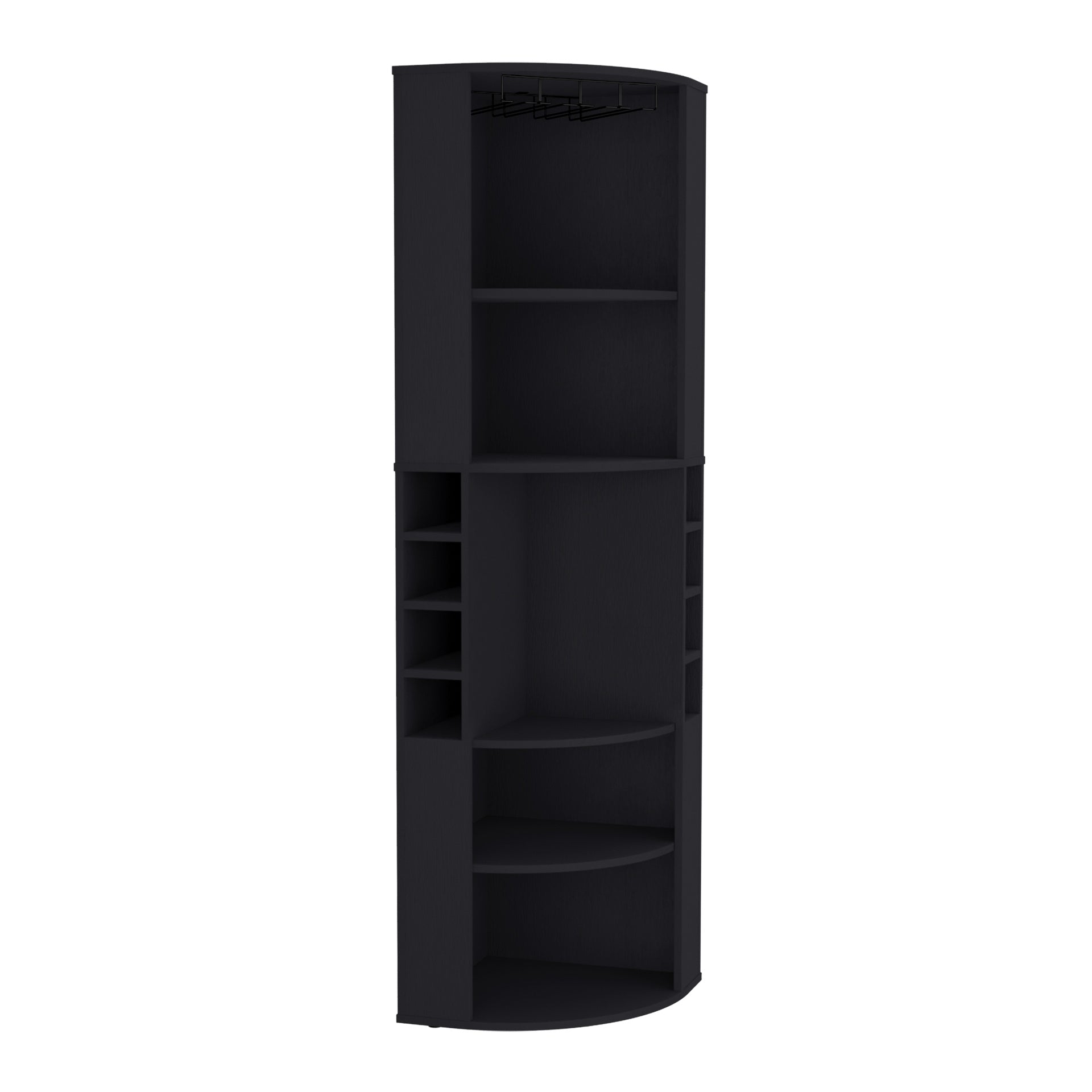 Oban Corner Bar Cabinet with Five Shelves , Eight Bottle Cubbies and Steamware Black