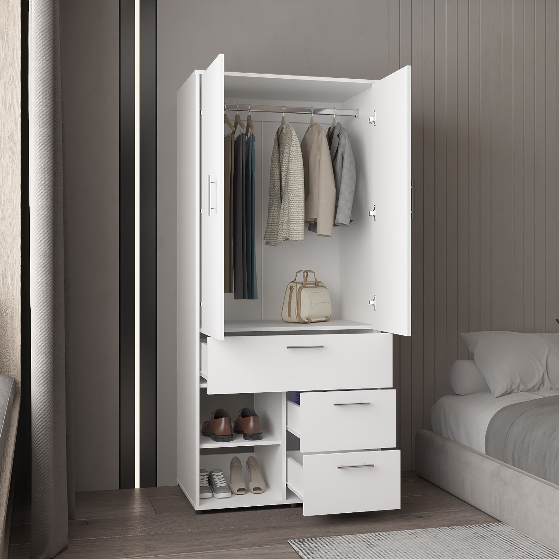 Alpine Armoire with Double Doors, Interior Hanging Rod, Shoe Racks and Multiple Drawers, Freestanding Wardrobe