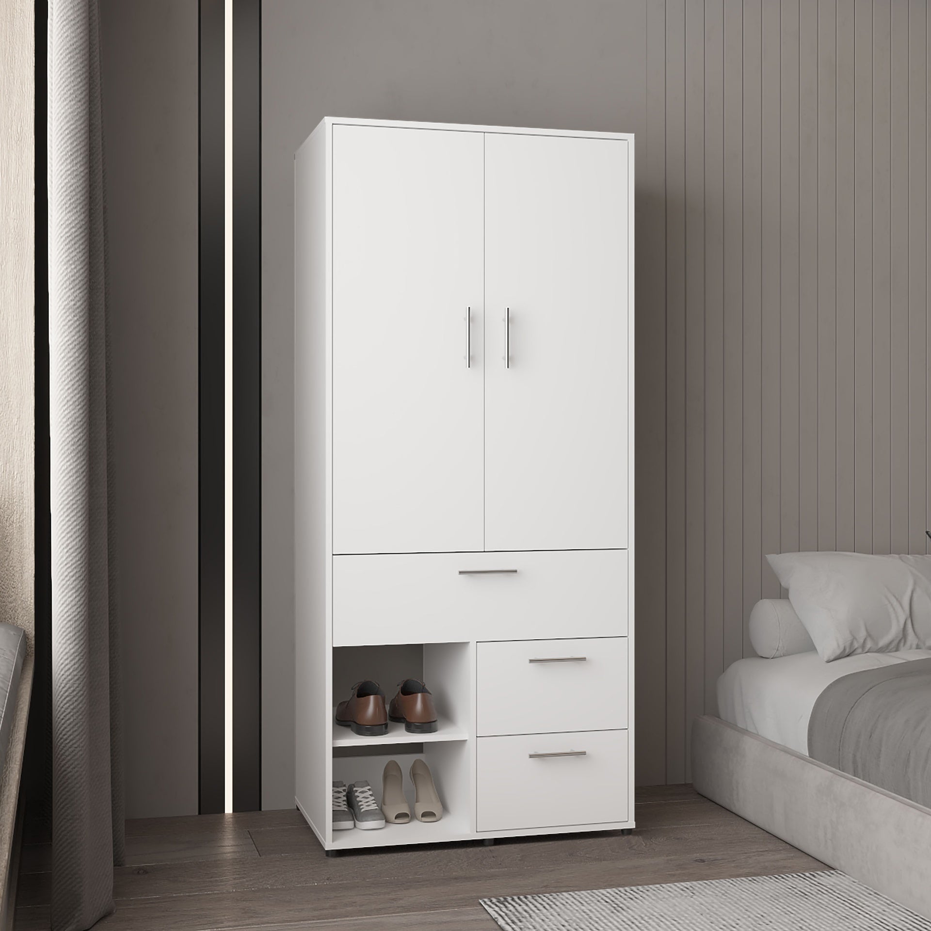 Alpine Armoire with Double Doors, Interior Hanging Rod, Shoe Racks and Multiple Drawers, Freestanding Wardrobe