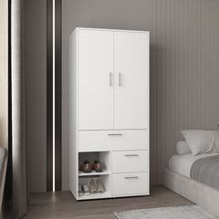 Alpine Armoire with Double Doors, Interior Hanging Rod, Shoe Racks and Multiple Drawers, Freestanding Wardrobe
