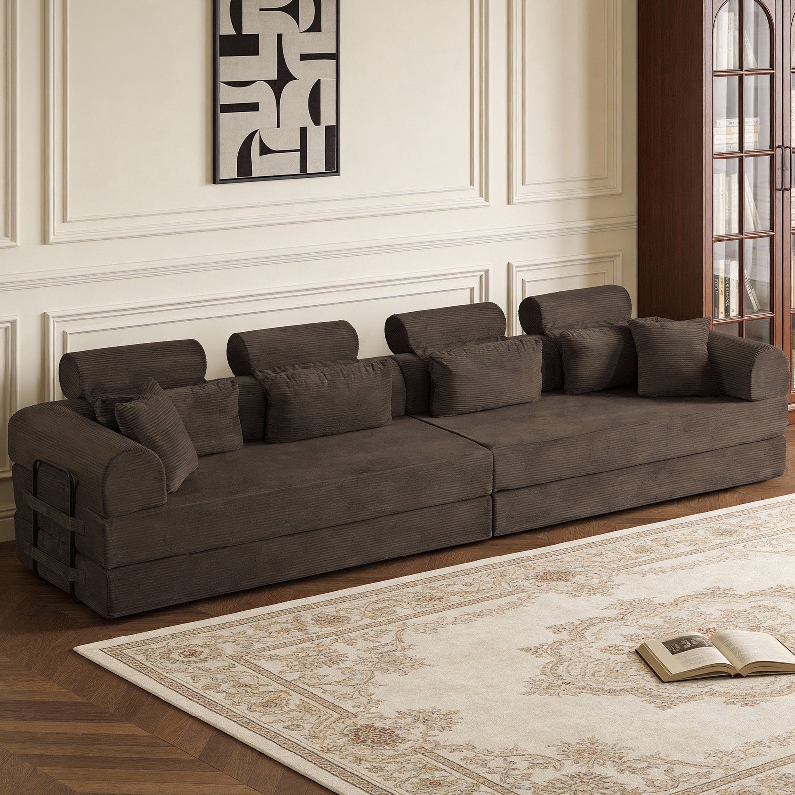 L shape Modular Sectional Sofa, Compressed Sectional Sofa Modern Minimalist Style Corduroy Couch,Unfold into a bed, Bedroom, Comfy Compressed Sofa Couch Space-Efficient Design(Brown)