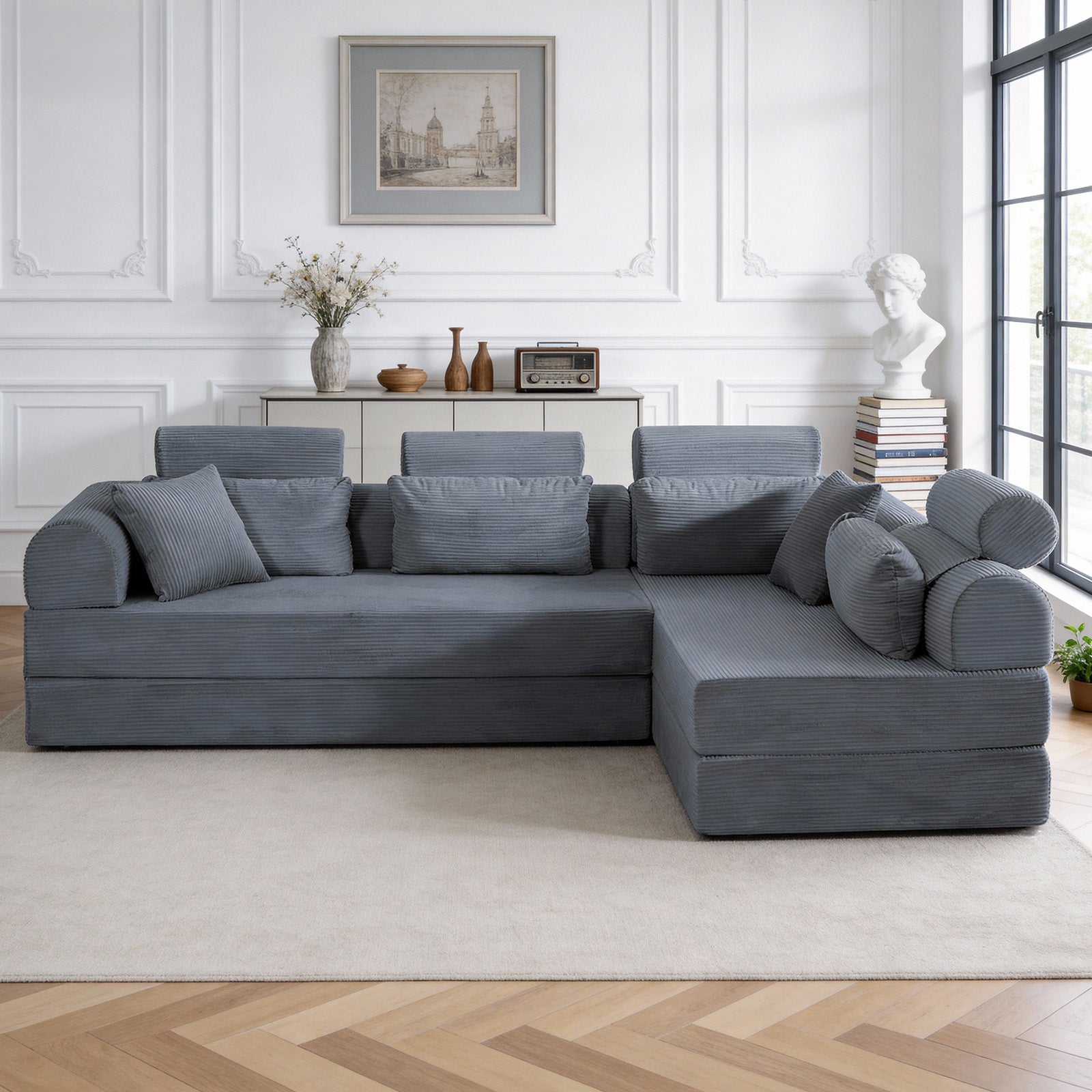 L shape Modular Sectional Sofa, Compressed Sectional Sofa Modern Minimalist Style Corduroy Couch,Unfold into a bed, Bedroom, Comfy Compressed Sofa Couch Space-Efficient Design(Dark Gray)