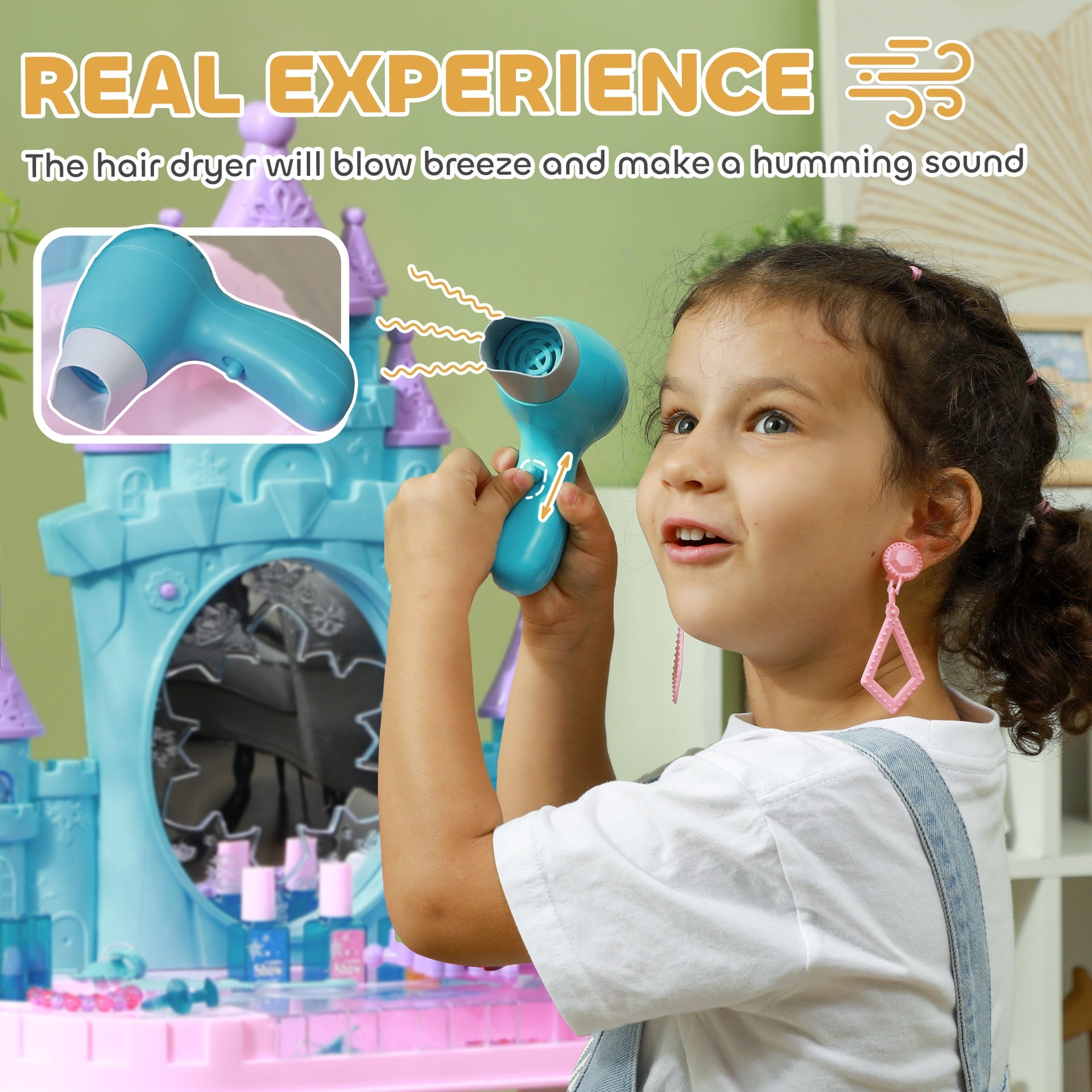 Qaba Kids Vanity Set with Mirror and Stool, Castle Design Makeup Table with Light, Music, Hair Dryer, 18 Accessories, Girls Pretend Play Toys for 3-6 Years, Multicolor