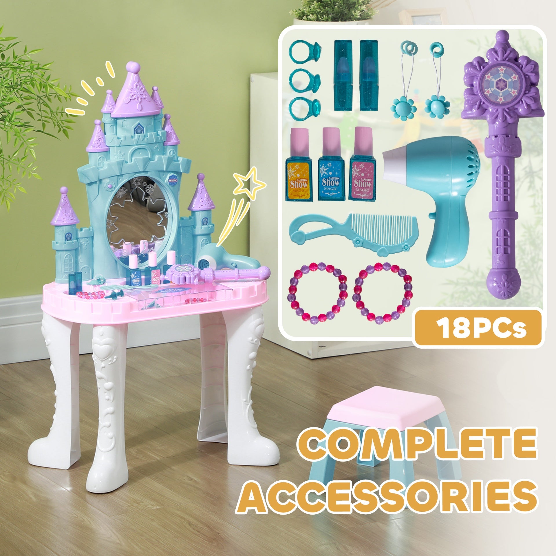 Qaba Kids Vanity Set with Mirror and Stool, Castle Design Makeup Table with Light, Music, Hair Dryer, 18 Accessories, Girls Pretend Play Toys for 3-6 Years, Multicolor