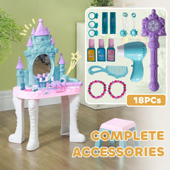 Qaba Kids Vanity Set with Mirror and Stool, Castle Design Makeup Table with Light, Music, Hair Dryer, 18 Accessories, Girls Pretend Play Toys for 3-6 Years, Multicolor