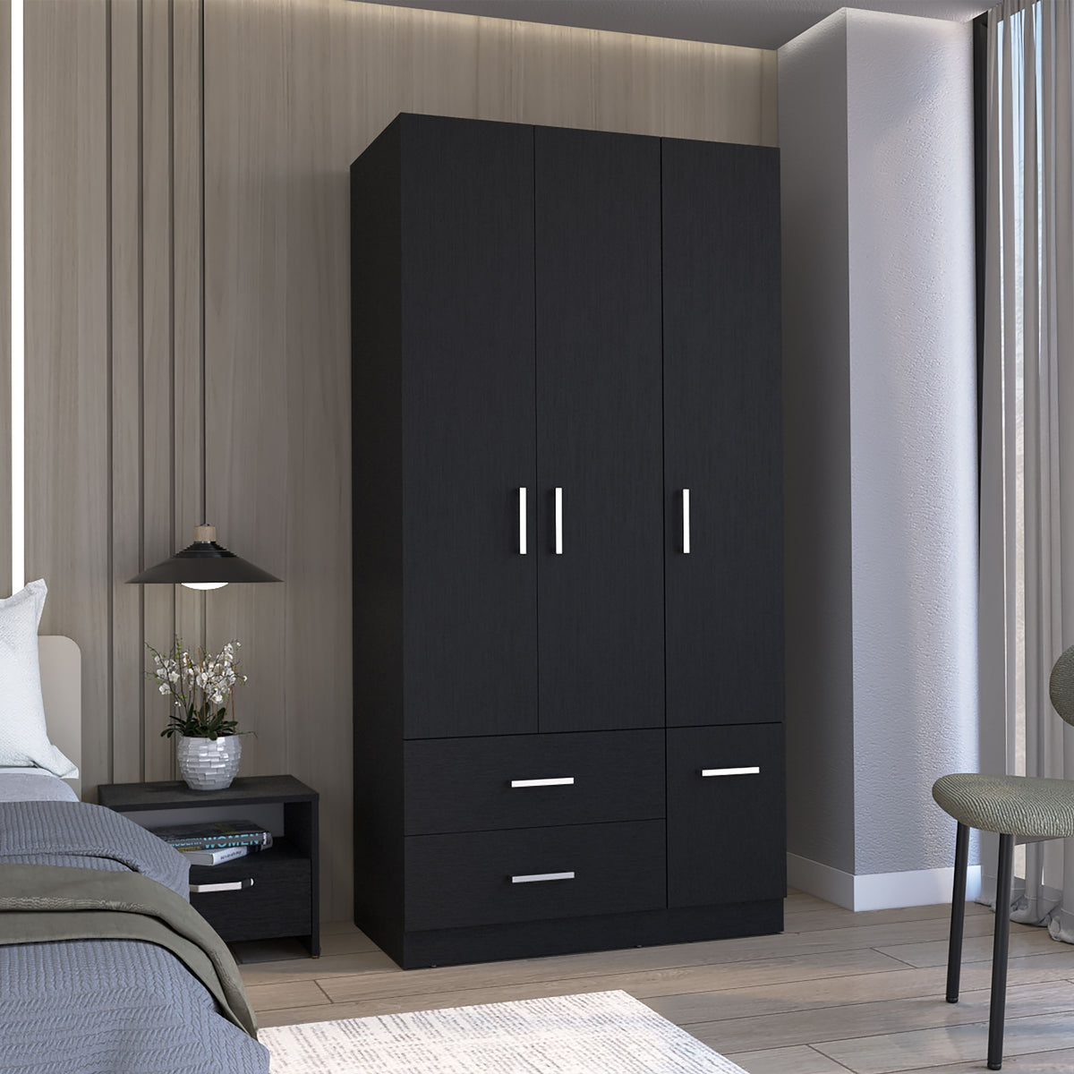 Sebree 71" High Armoire Wardrove Closet with 2 Drawers, Four Doors , Three Cabinet , Six Shelves and Hanging Rod, Bedroom Clothes Storage Cabinet Organizer Black