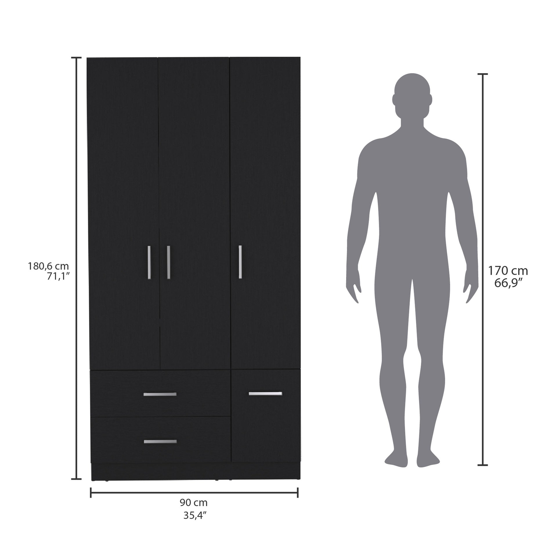 Sebree 71" High Armoire Wardrove Closet with 2 Drawers, Four Doors , Three Cabinet , Six Shelves and Hanging Rod, Bedroom Clothes Storage Cabinet Organizer Black