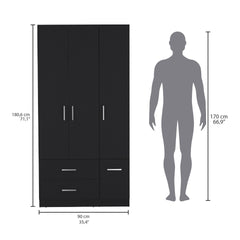 Sebree 71" High Armoire Wardrove Closet with 2 Drawers, Four Doors , Three Cabinet , Six Shelves and Hanging Rod, Bedroom Clothes Storage Cabinet Organizer Black