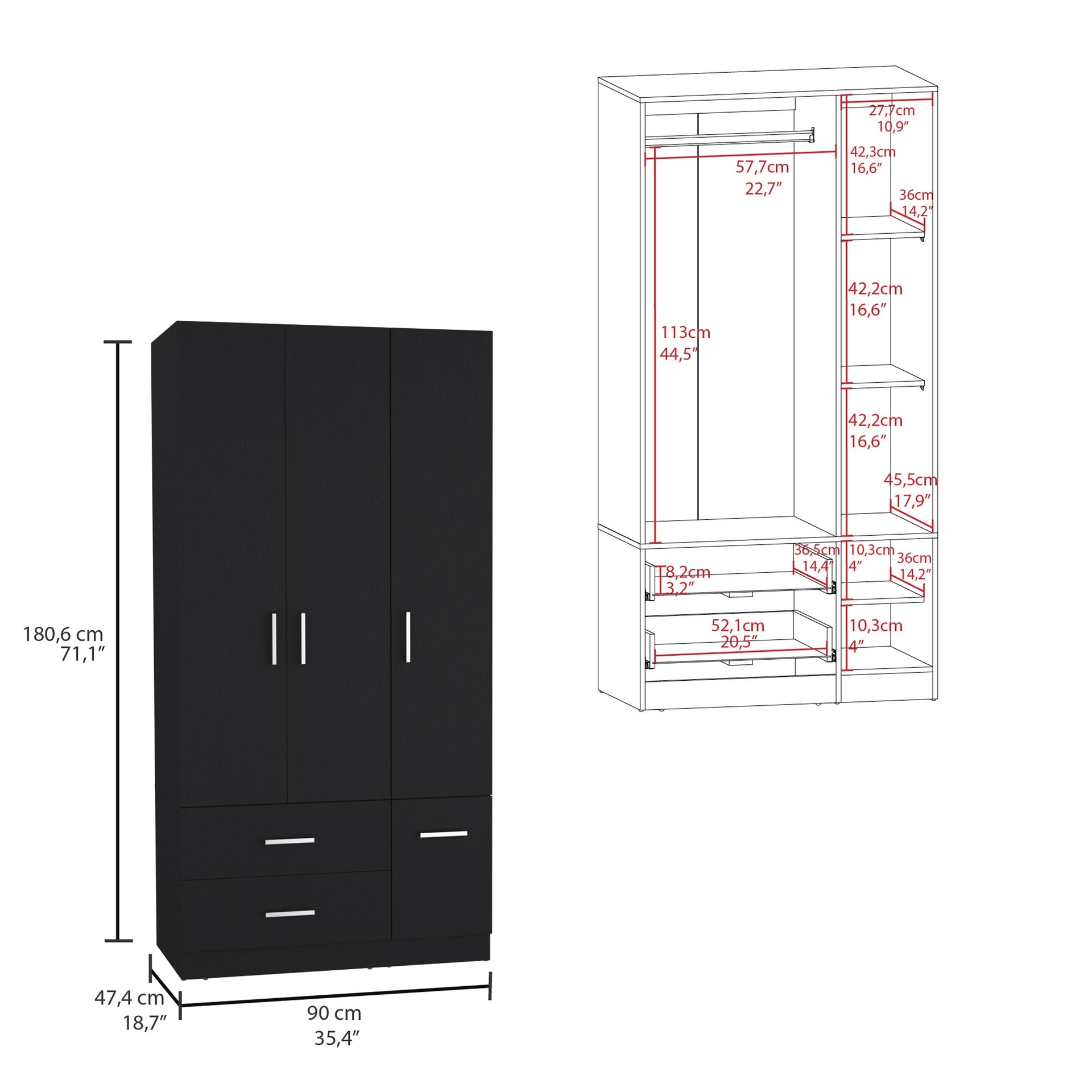 Sebree 71" High Armoire Wardrove Closet with 2 Drawers, Four Doors , Three Cabinet , Six Shelves and Hanging Rod, Bedroom Clothes Storage Cabinet Organizer Black
