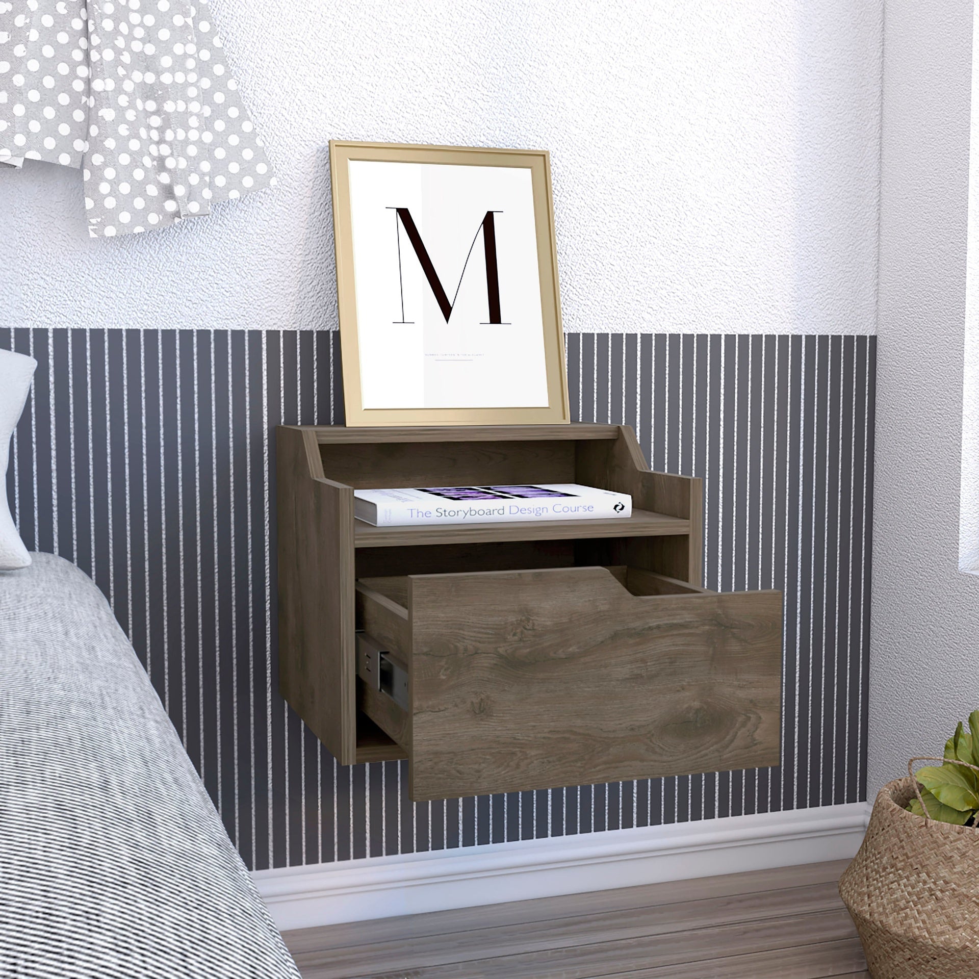 Busan Modern Floating Nightstand , End Table, Side Table Single-Drawer Design with Sleek Two-Tiered Top Shelf Surfaces- Dark Brown - Bedroom