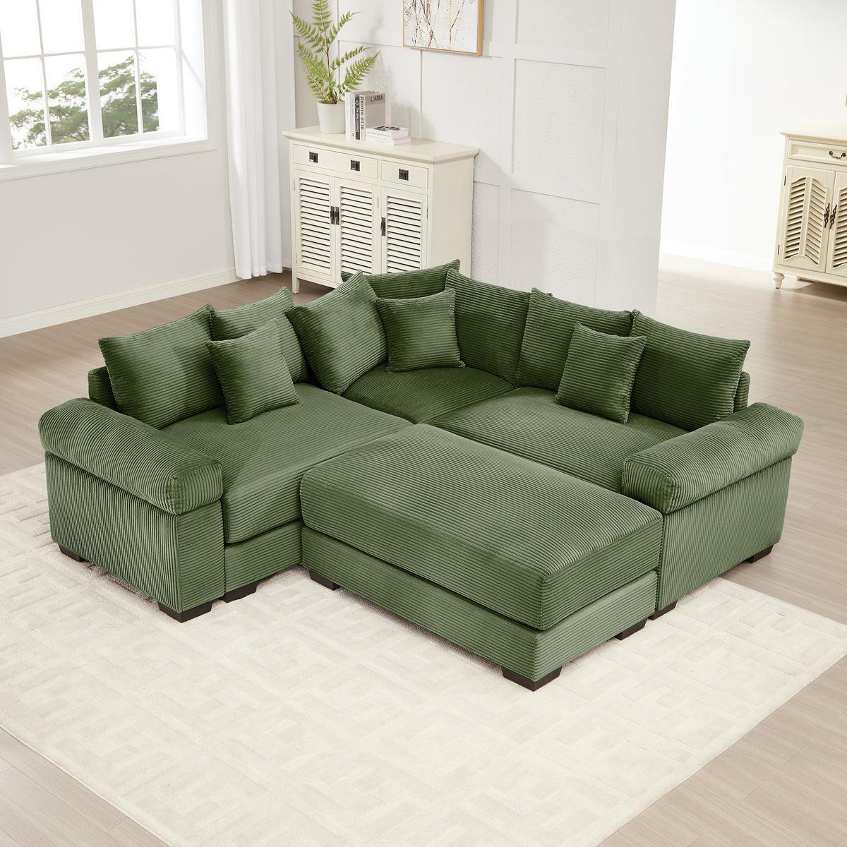 Oversized Cloud Modular Sectional Couch, Convertible Sectional Couches,Extra-Thick Armrests With An Ottoman,Soft Corduroy Fabric, Ergonomic Design,Easy Assembly,For Living Rooms Reading Rooms,Green