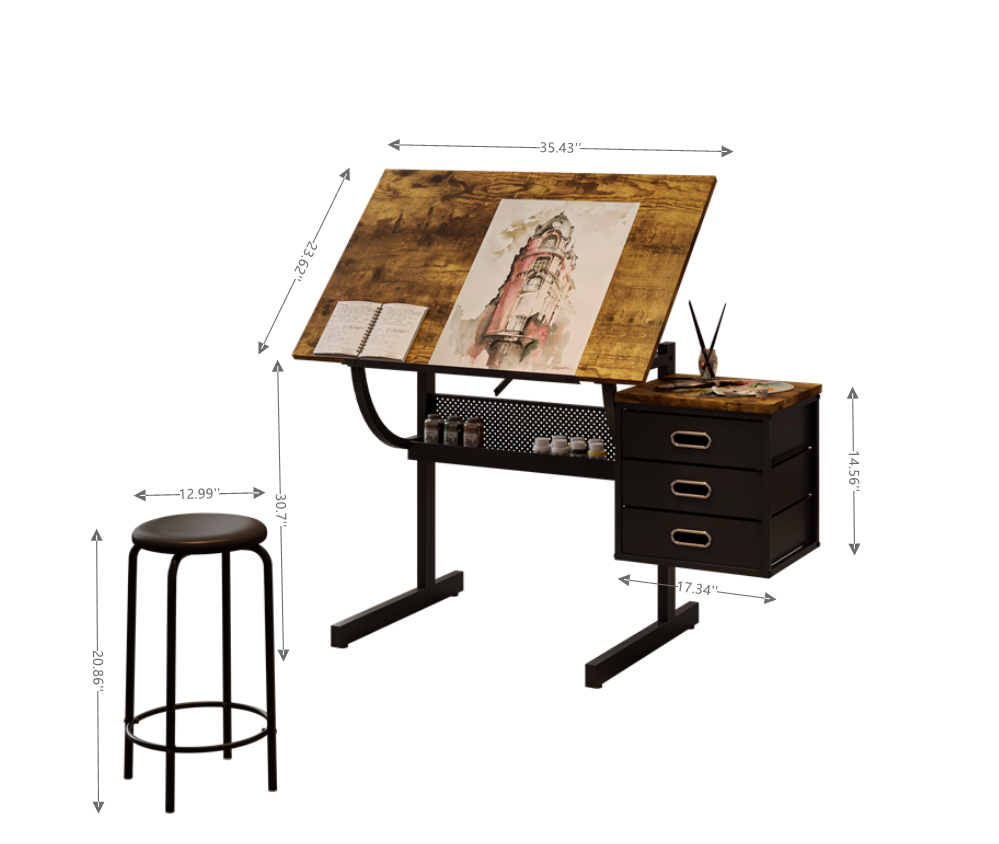 Black drafting drawing table with stool and 3 drawers