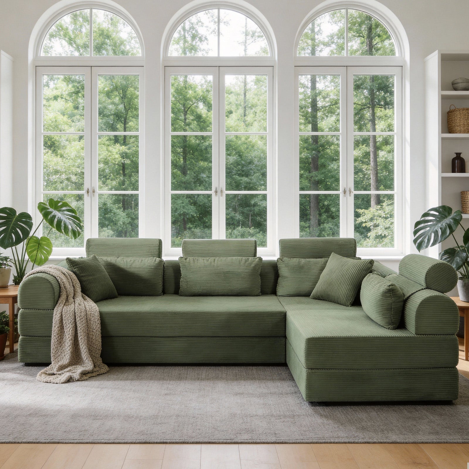 L shape Modular Sectional Sofa, Compressed Sectional Sofa Modern Minimalist Style Corduroy Couch,Unfold into a bed, Bedroom, Comfy Compressed Sofa Couch Space-Efficient Design(Grayish Green)