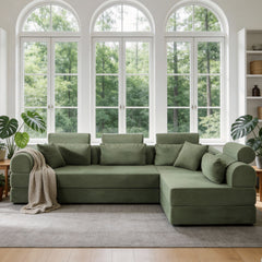 L shape Modular Sectional Sofa, Compressed Sectional Sofa Modern Minimalist Style Corduroy Couch,Unfold into a bed, Bedroom, Comfy Compressed Sofa Couch Space-Efficient Design(Grayish Green)