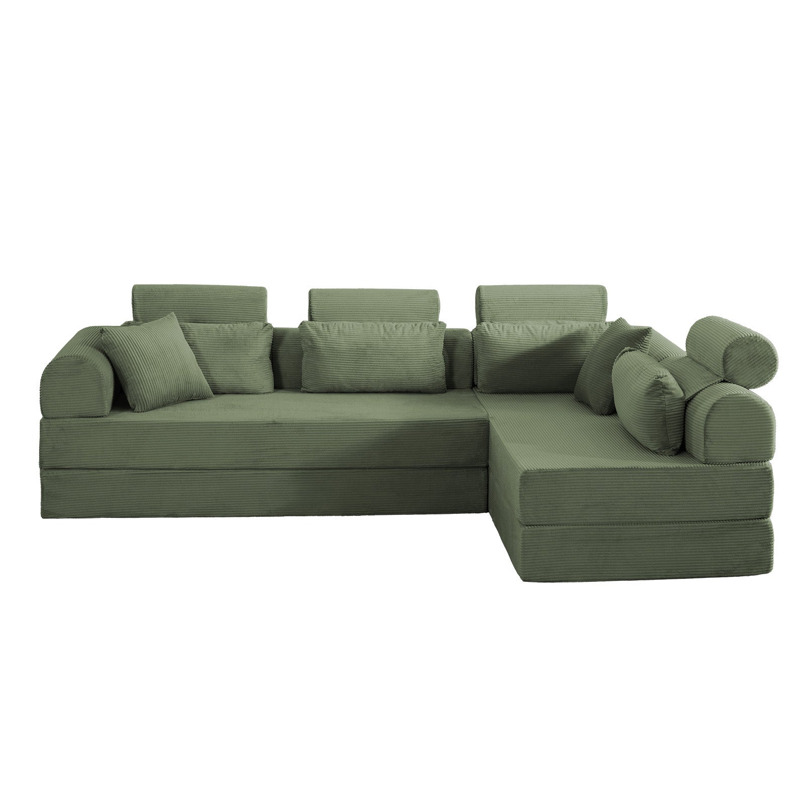 L shape Modular Sectional Sofa, Compressed Sectional Sofa Modern Minimalist Style Corduroy Couch,Unfold into a bed, Bedroom, Comfy Compressed Sofa Couch Space-Efficient Design(Grayish Green)