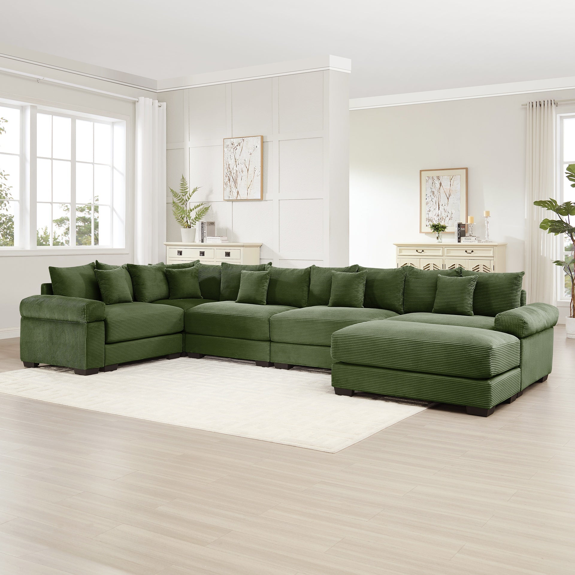 Oversized Cloud Modular Sectional Couch,Convertible Sectional Couches,Extra-Wide Armrests With An Ottoman,Premium Corduroy Fabric,Ergonomic Design, Easy Assembly, For Living Rooms Study,Green