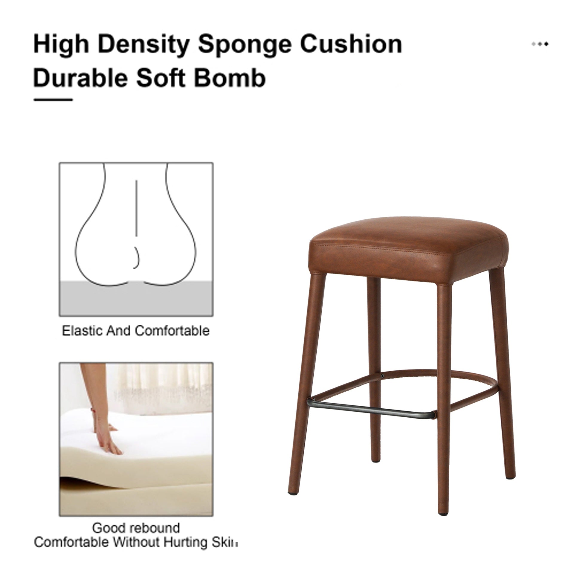 Counter Height Backless Brown Faux Leather Bar Stool – Comfortable Padded Seat with Sturdy Metal Legs & Footrest, Stylish Seating for Kitchen Island, Pub & Dining Counter,2 Sets