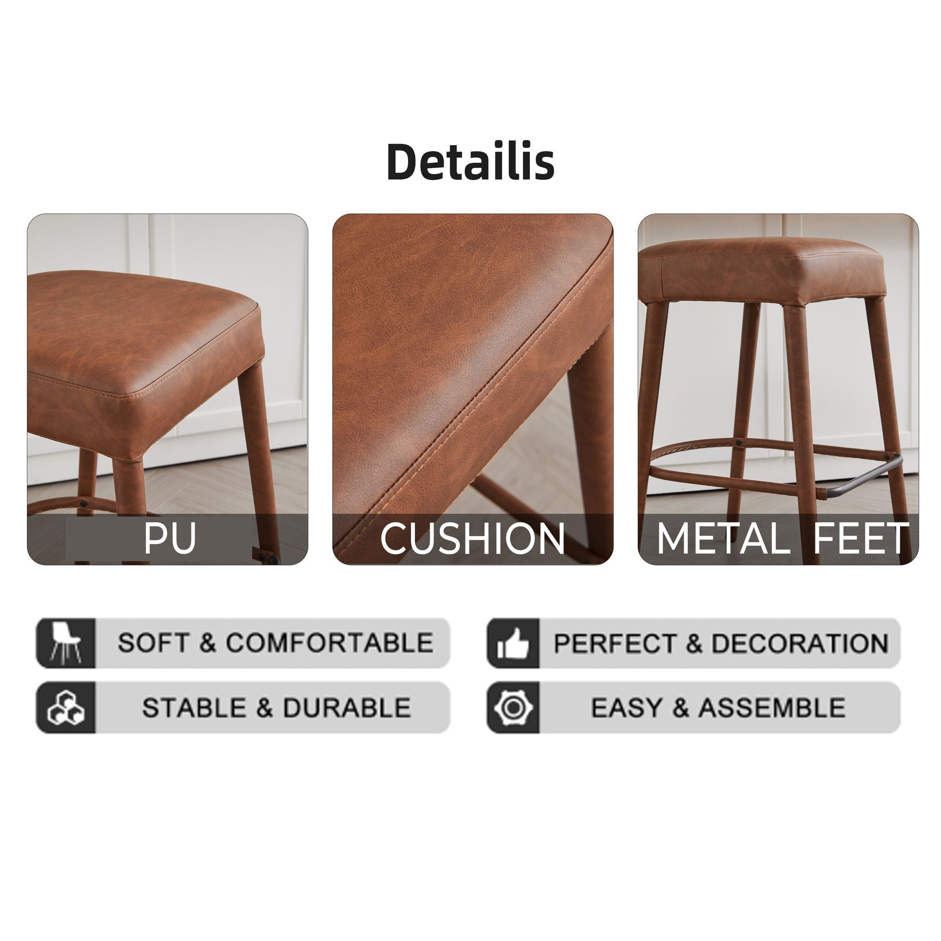 Counter Height Backless Brown Faux Leather Bar Stool – Comfortable Padded Seat with Sturdy Metal Legs & Footrest, Stylish Seating for Kitchen Island, Pub & Dining Counter,2 Sets