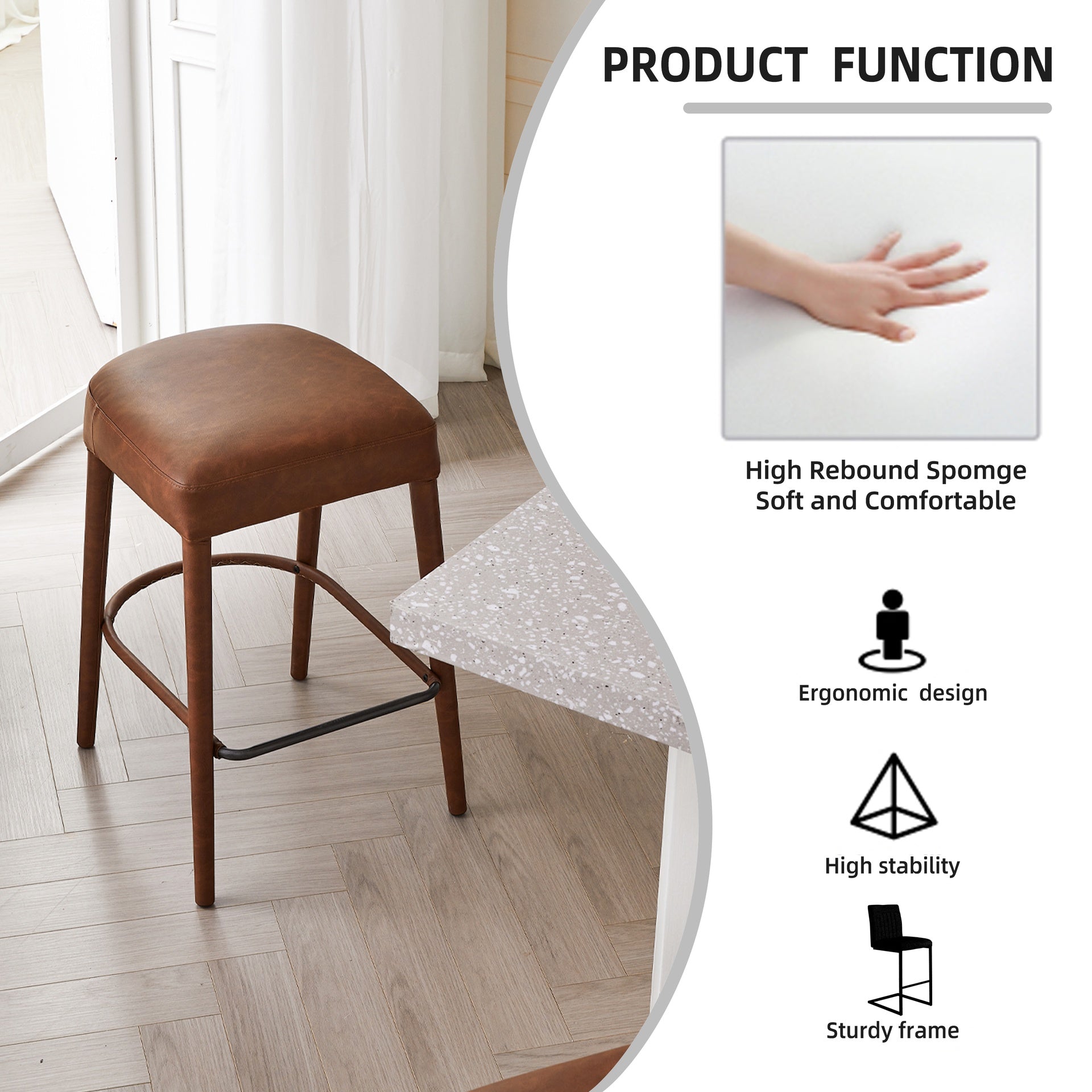 Counter Height Backless Brown Faux Leather Bar Stool – Comfortable Padded Seat with Sturdy Metal Legs & Footrest, Stylish Seating for Kitchen Island, Pub & Dining Counter,2 Sets