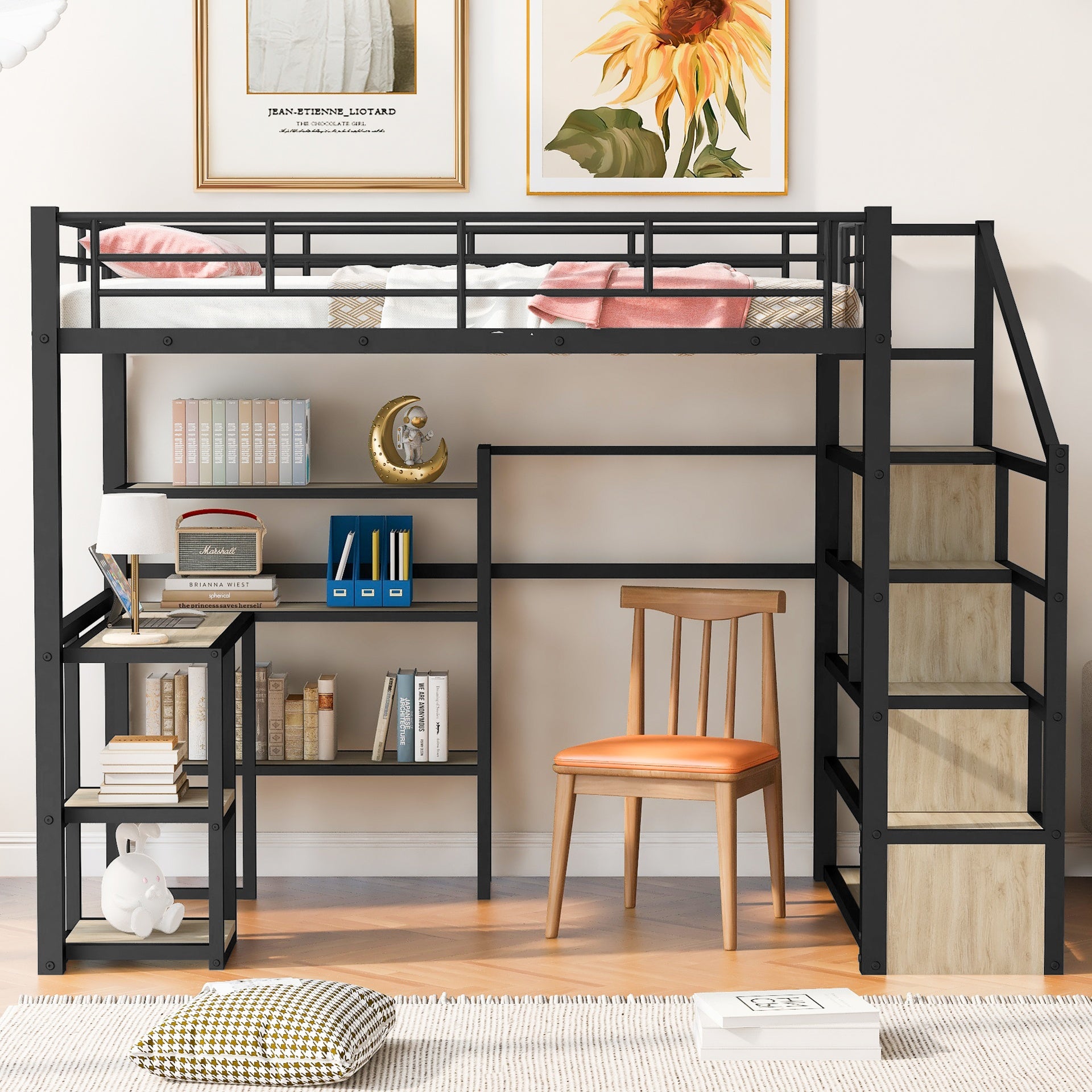 Full Size Metal Loft bed with Staircase, Built-in Desk and Shelves, Black