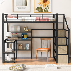 Full Size Metal Loft bed with Staircase, Built-in Desk and Shelves, Black