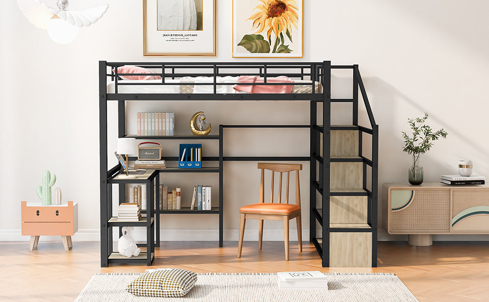 Full Size Metal Loft bed with Staircase, Built-in Desk and Shelves, Black