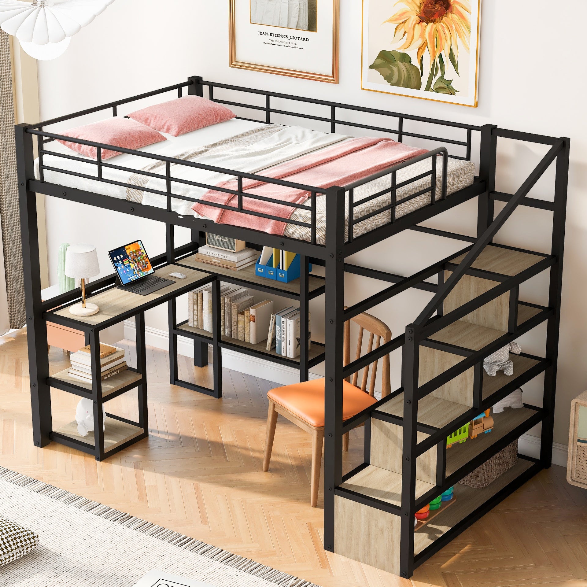 Full Size Metal Loft bed with Staircase, Built-in Desk and Shelves, Black
