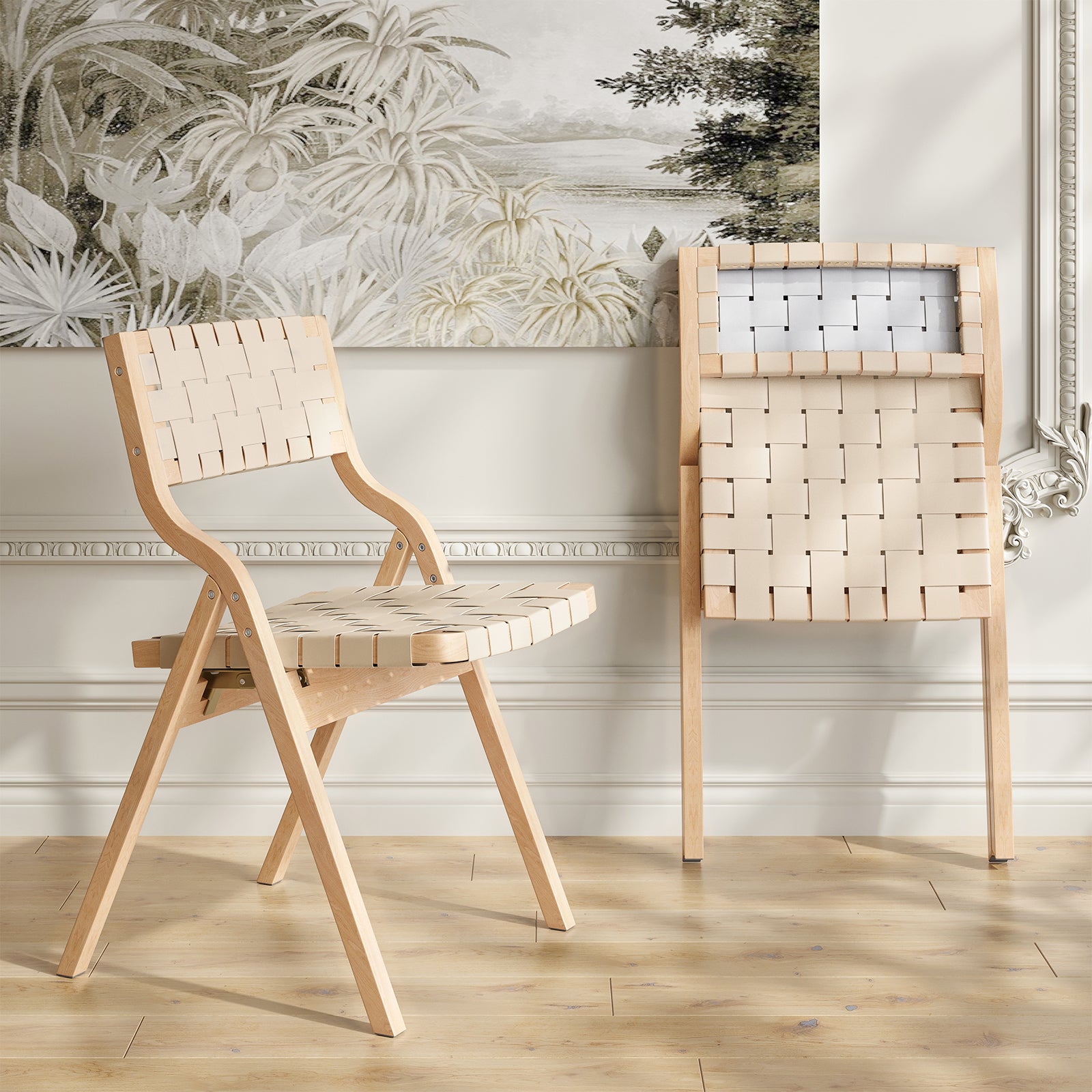 Wood Folding Chairs, Foldable Chairs Wooden Indoor Stackable Dining Chairs for Kitchen & Dining Room Chair Woven Seat & Webbing Back, Dining Chair Set of 2