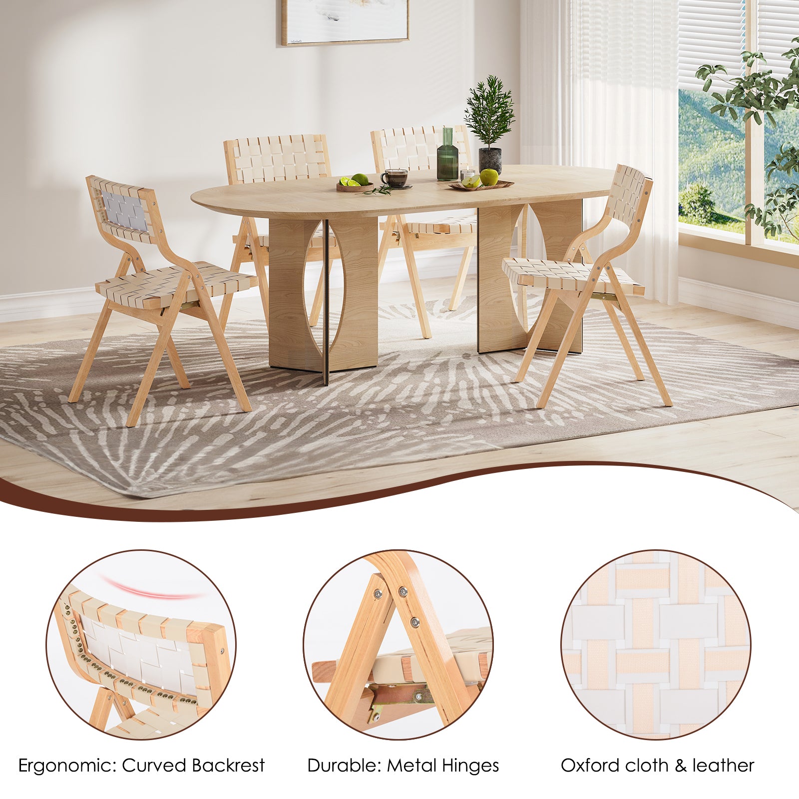 Wood Folding Chairs, Foldable Chairs Wooden Indoor Stackable Dining Chairs for Kitchen & Dining Room Chair Woven Seat & Webbing Back, Dining Chair Set of 2