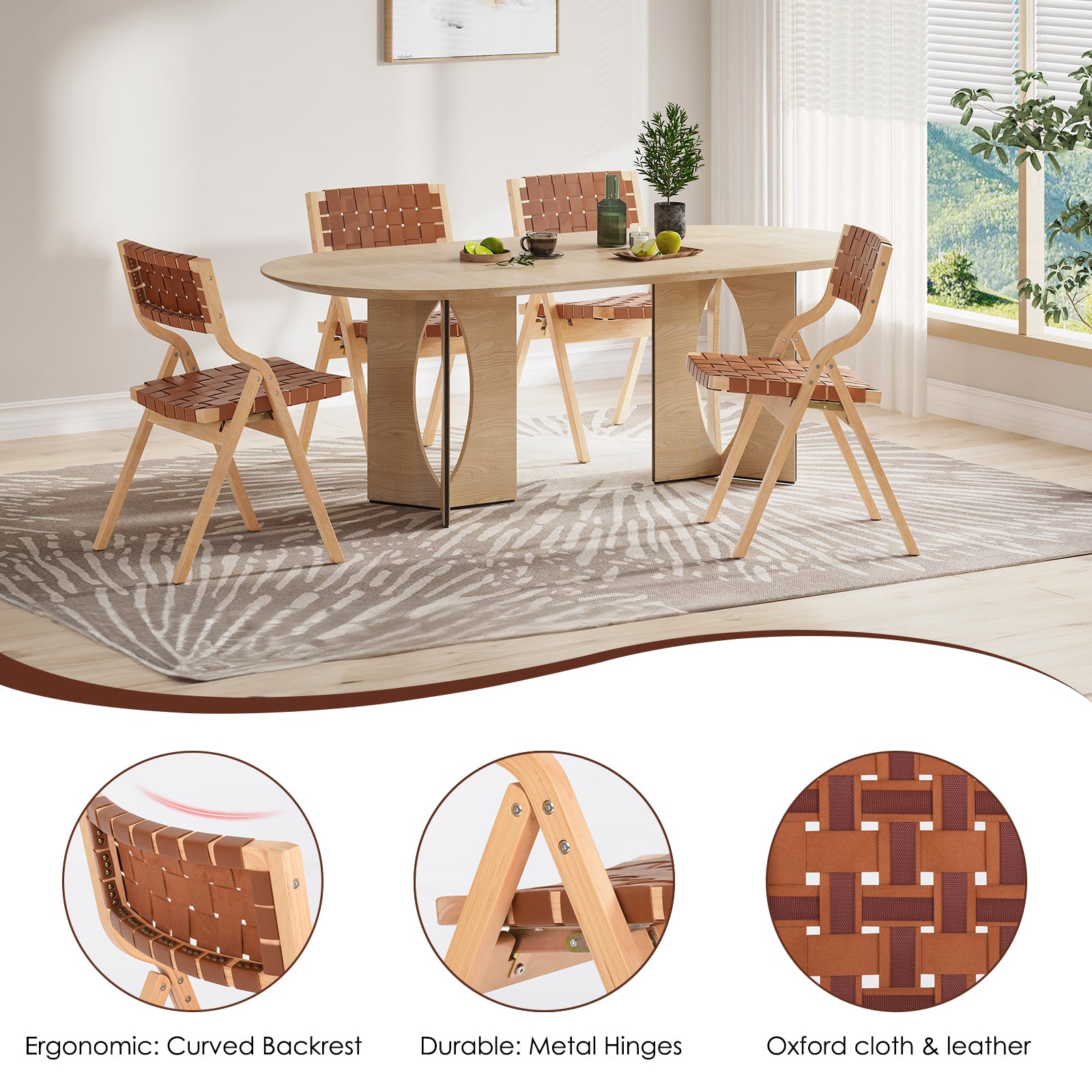 Wood Folding Chairs, Foldable Chairs Wooden Indoor Stackable Dining Chairs for Kitchen & Dining Room Chair Woven Seat & Webbing Back, Dining Chair Set of 2