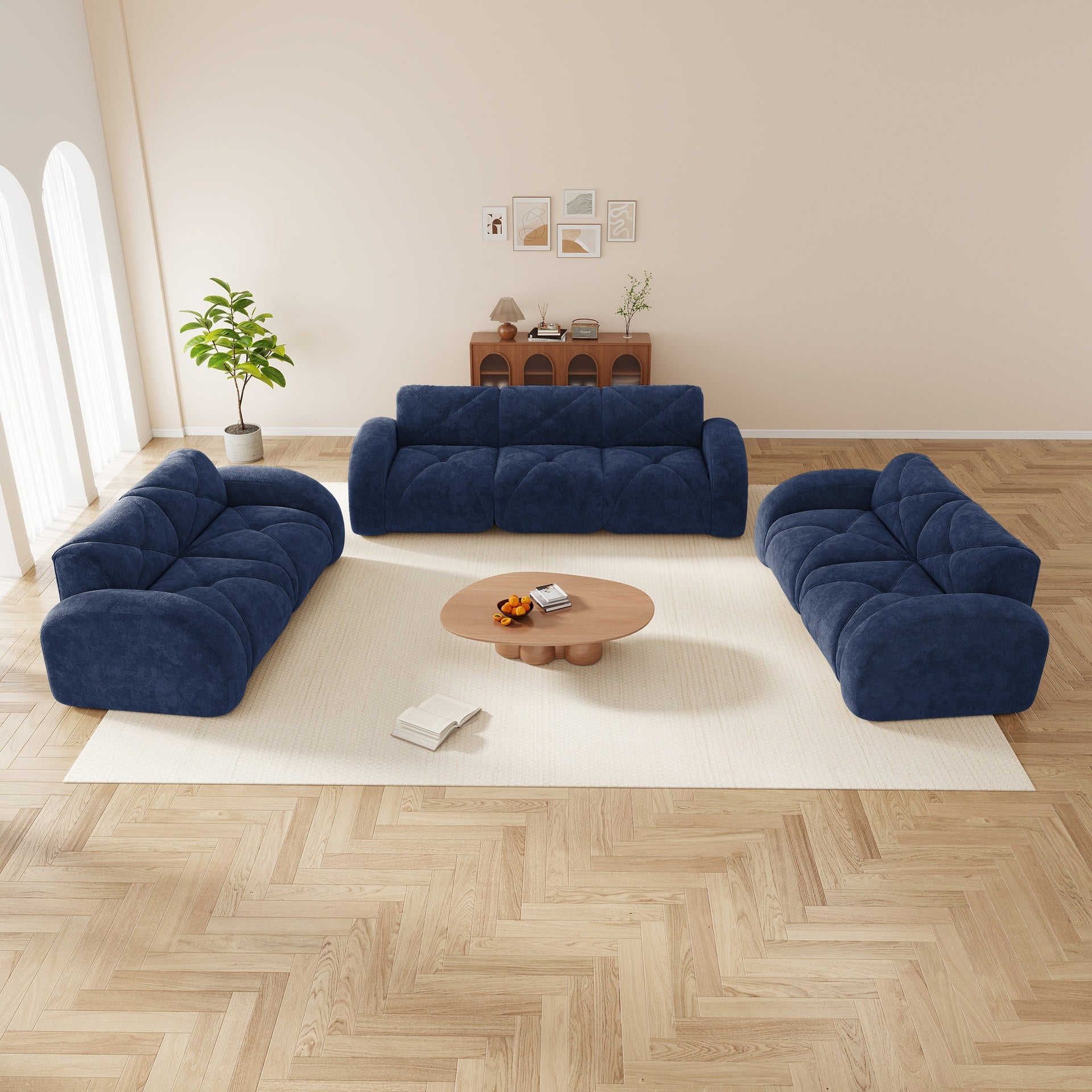 3 Piece Sofa Set Oversized Sofa Comfy Sofa Couch, 2 Pieces of 2 Seater and 1 Piece of 3 Seater Sofa for Living Room,Soft Velvet Fabric,32D High Density Sponge  Bottom,No Assembly Required,Blue