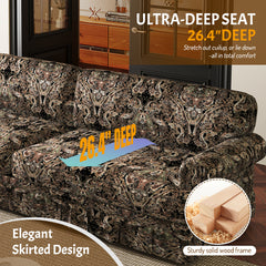 74"Luxuriously Comfortable 3-Seater Cloud Couch,Oxford Fabric Sofa with Elegant Rolled Arms & Pleated Skirt Design,26.4"Extra Deep Seat Mid Century Sofa for Apartment,Office,Black Floral