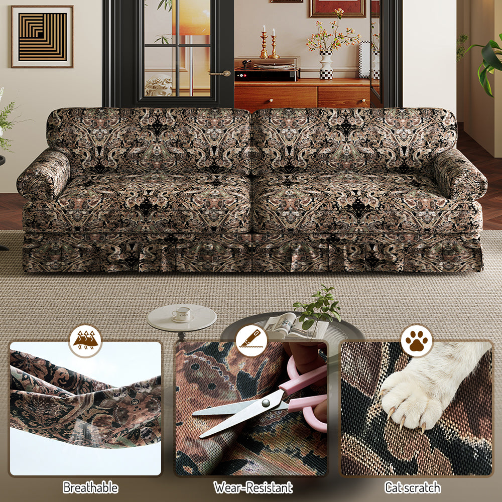 74"Luxuriously Comfortable 3-Seater Cloud Couch,Oxford Fabric Sofa with Elegant Rolled Arms & Pleated Skirt Design,26.4"Extra Deep Seat Mid Century Sofa for Apartment,Office,Black Floral