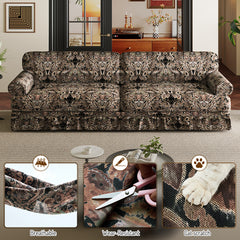 74"Luxuriously Comfortable 3-Seater Cloud Couch,Oxford Fabric Sofa with Elegant Rolled Arms & Pleated Skirt Design,26.4"Extra Deep Seat Mid Century Sofa for Apartment,Office,Black Floral